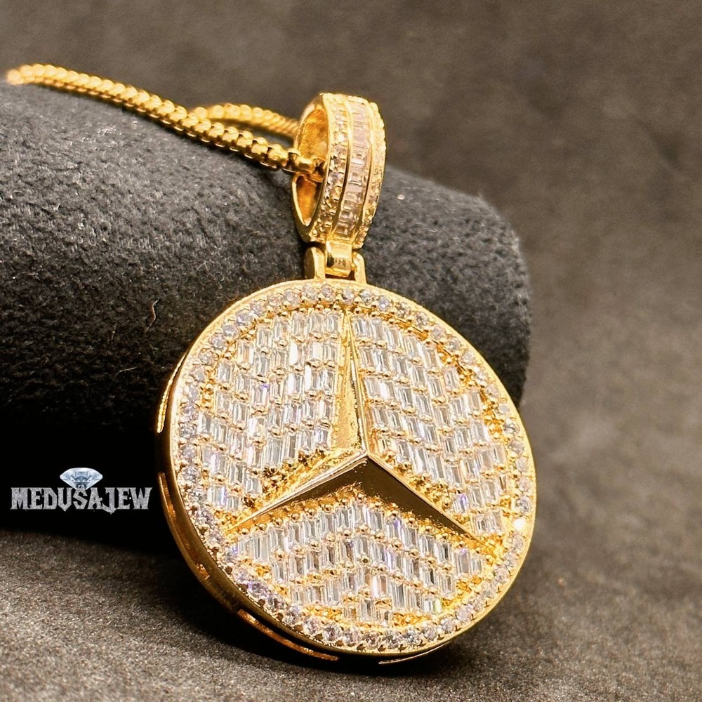 Gold Iced Out Mercedes Pendant Çelik Kolye Ucu